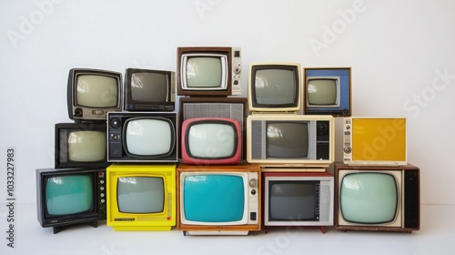 A collection of old vintage retro tv television sets in a stack photo