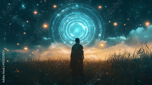 Shamanic space meets digital realm, wisdom tech fusion, ancestral light