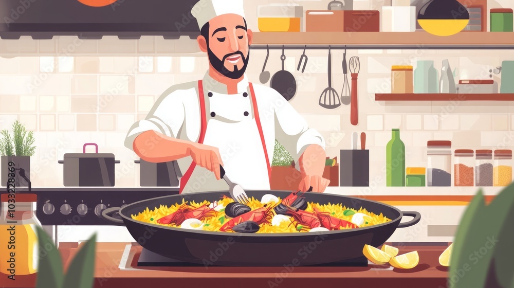 Chef Preparing a Delicious Seafood Paella - Spanish Cuisine Chef Preparing a Delicious Seafood Paella - Spanish Cuisine