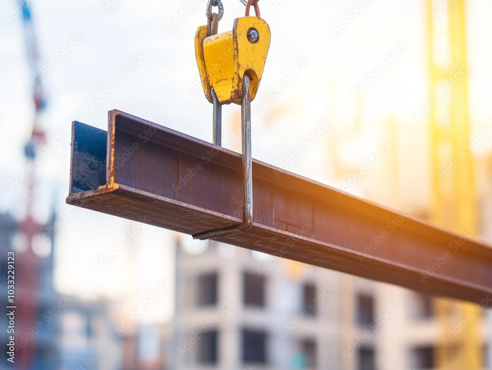 Lifting steel beams with construction crane showcases dynamic nature of building projects. bright sunlight enhances industrial atmosphere of site Lifting steel beams with construction crane showcases dynamic nature of building projects. bright sunlight enhances industrial atmosphere of site