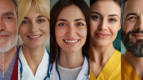 Smiling healthcare professionals showcase their dedication and compassion in this close up collage. Each individual represents commitment to wellness and care