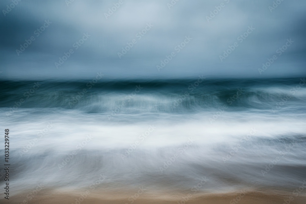 Abstract long exposure photo of a wave crashing on a beach with a stormy sky. Abstract long exposure photo of a wave crashing on a beach with a stormy sky.