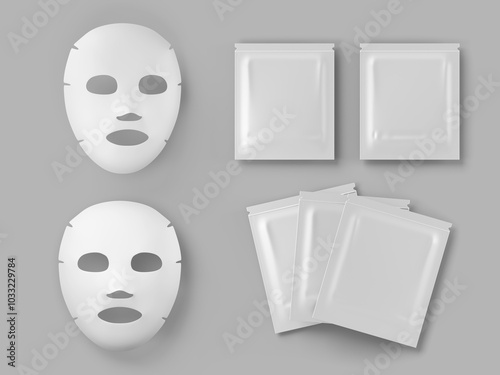3d face mask sheet and blank white package mockup. Realistic beauty fabric facial mask for skin care with gel, cream or collagen. Cosmetic sachet, pouch render bag isolated icon set. 3D illustration