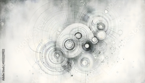 Abstract Geometric Circles on Textured Gray Background. Generated AI