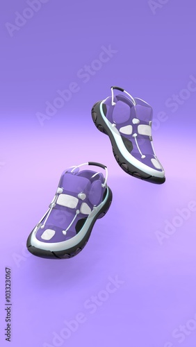 Footwear mockup flying in the air on the purple background. Package design. 3d illustration.
