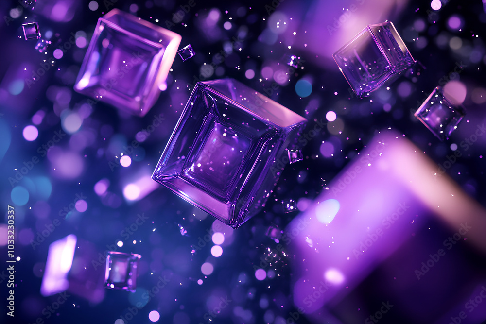 Purple neon geometric shapes with glowing particles and light streaks effects. 3d rendering, illustration