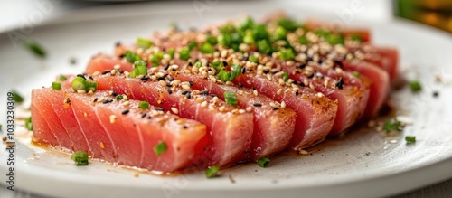 Seared tuna slices with sesame seeds and green onions on a white plate.