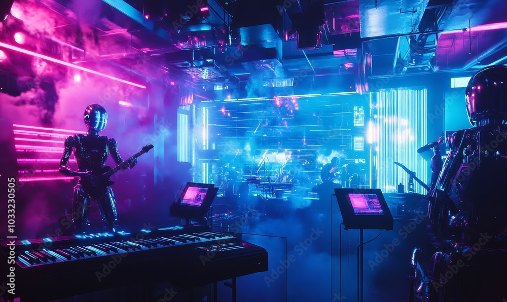 Two robotic musicians playing in a neon club. Two robotic musicians playing in a neon club.