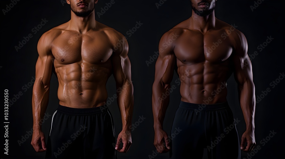 Fototapeta premium Before-and-after fitness progress images, side-by-side, illustrating toned bodies and enhanced fitness levels, Photorealistic, Natural Shadows