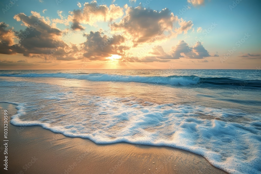 A beautiful sunset over the ocean with waves crashing on the sandy beach. A beautiful sunset over the ocean with waves crashing on the sandy beach.