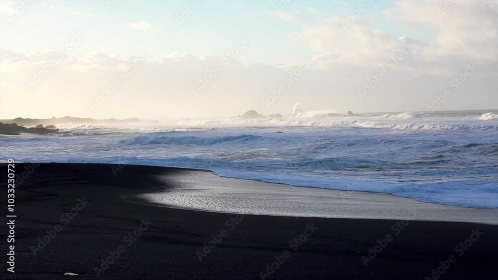 Waves Arriving at Dark Sand Beach - Serene Coastal Scene Waves Arriving at Dark Sand Beach - Serene Coastal Scene