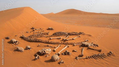 Ghostly remnants of the desert s forgotten past as bones lie scattered across a surreal arid landscape of shifting sand dunes  This minimalist atmospheric scene evokes a sense of abandonment decay photo