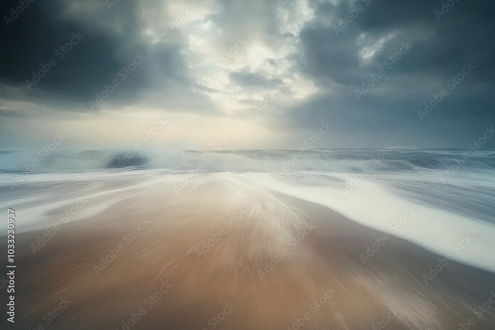 Dramatic stormy sky over a sandy beach with waves crashing on the shore. Dramatic stormy sky over a sandy beach with waves crashing on the shore.