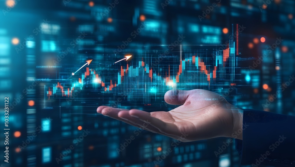 Businessman's hand holding a growth graph chart and an arrow pointing up, set against a digital technology background, representing a business plan, financial analysis, or stock market exchange. Businessman's hand holding a growth graph chart and an arrow pointing up, set against a digital technology background, representing a business plan, financial analysis, or stock market exchange.