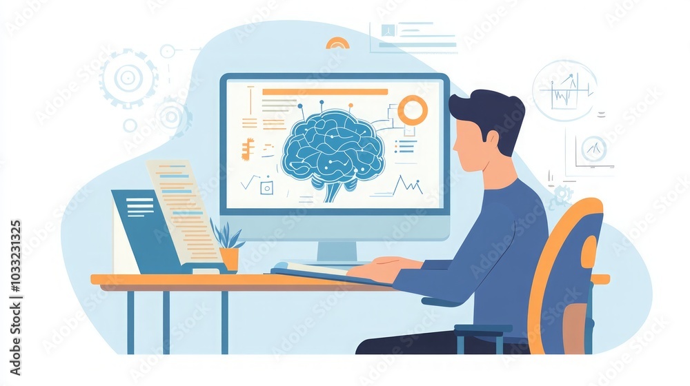 Man Working on Computer with Brain on Screen - Digital Data Analysis Man Working on Computer with Brain on Screen - Digital Data Analysis