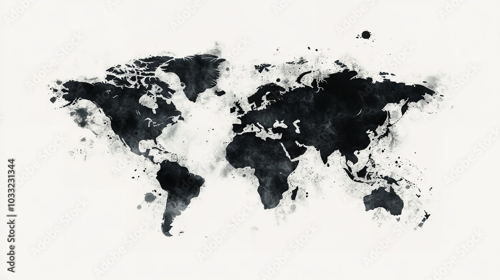  Illustrated map of the world with an isolated background. Black and white