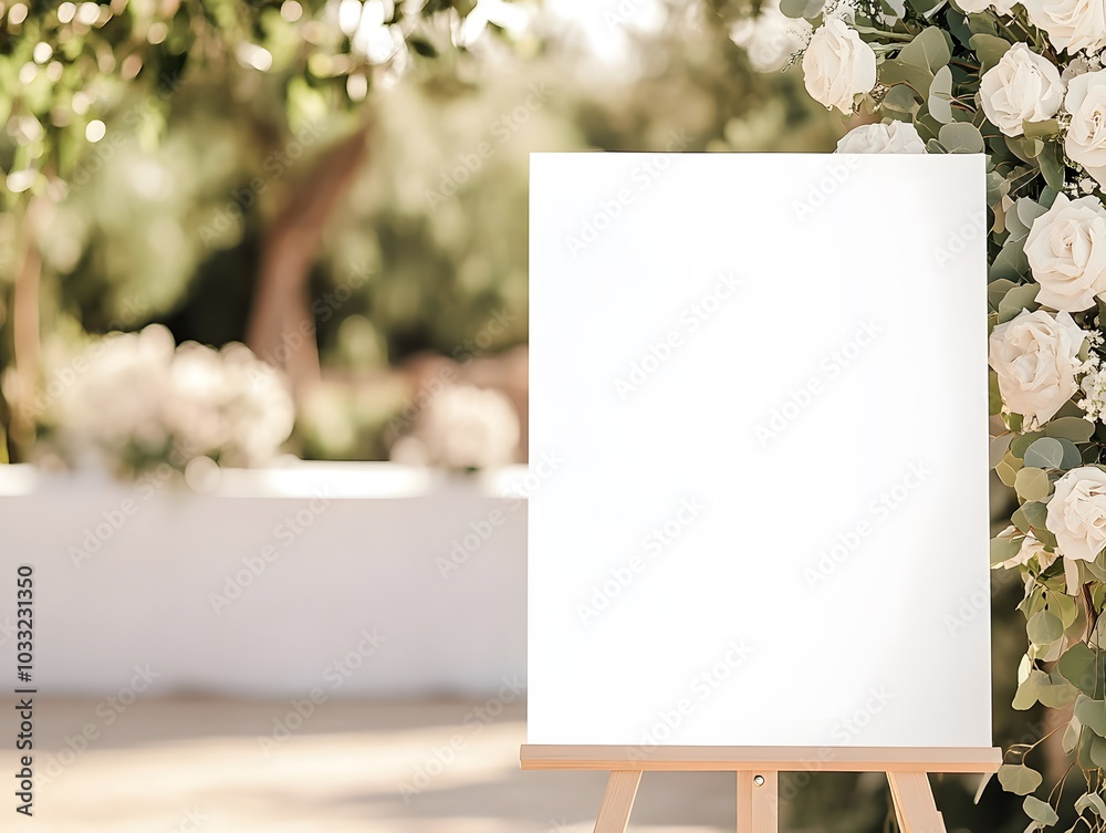 Blank Wedding Sign:  A rustic easel displays a blank white sign, ready to be adorned with personalized messages. Nestled amidst a backdrop of lush greenery and delicate white flowers.