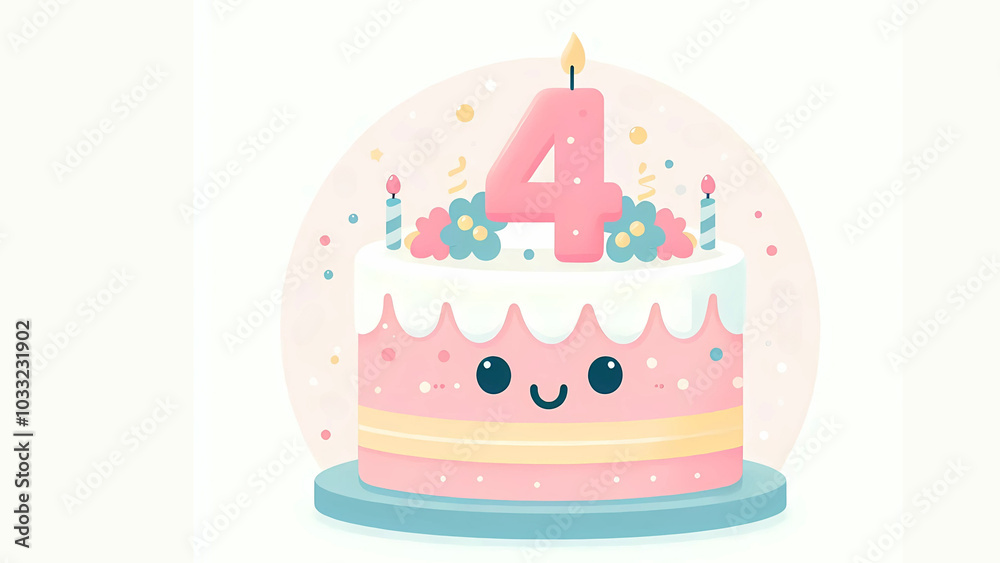 Cute 4th Birthday Cake with Smiling Face and Candles, four years old birthday cake vector graphics Cute 4th Birthday Cake with Smiling Face and Candles, four years old birthday cake vector graphics