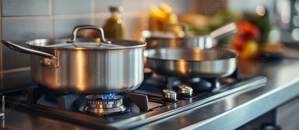 Stainless steel pot and pan on a gas stovetop with a blue flame. Stainless steel pot and pan on a gas stovetop with a blue flame.