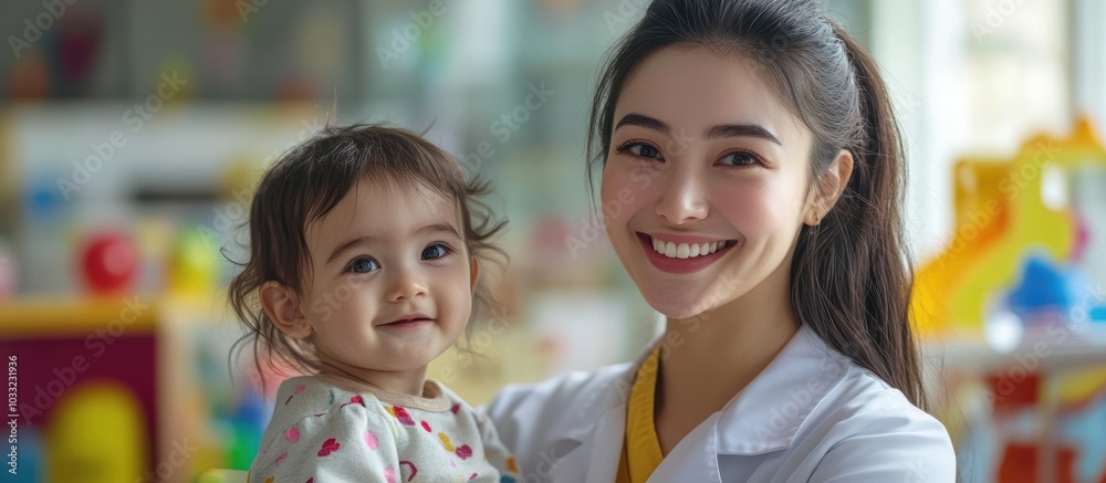 Smiling woman in a white coat holding a young girl in her arms in a brightly lit room with blurred background. Smiling woman in a white coat holding a young girl in her arms in a brightly lit room with blurred background.
