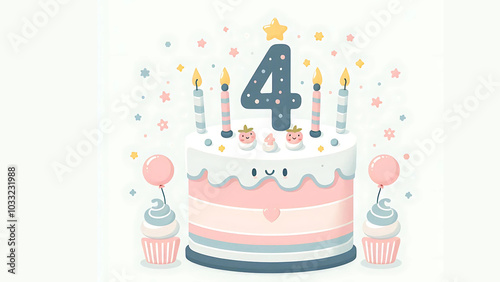 Adorable 4th Birthday Cake with Cupcakes and Balloons, four years old birthday cake vector graphics