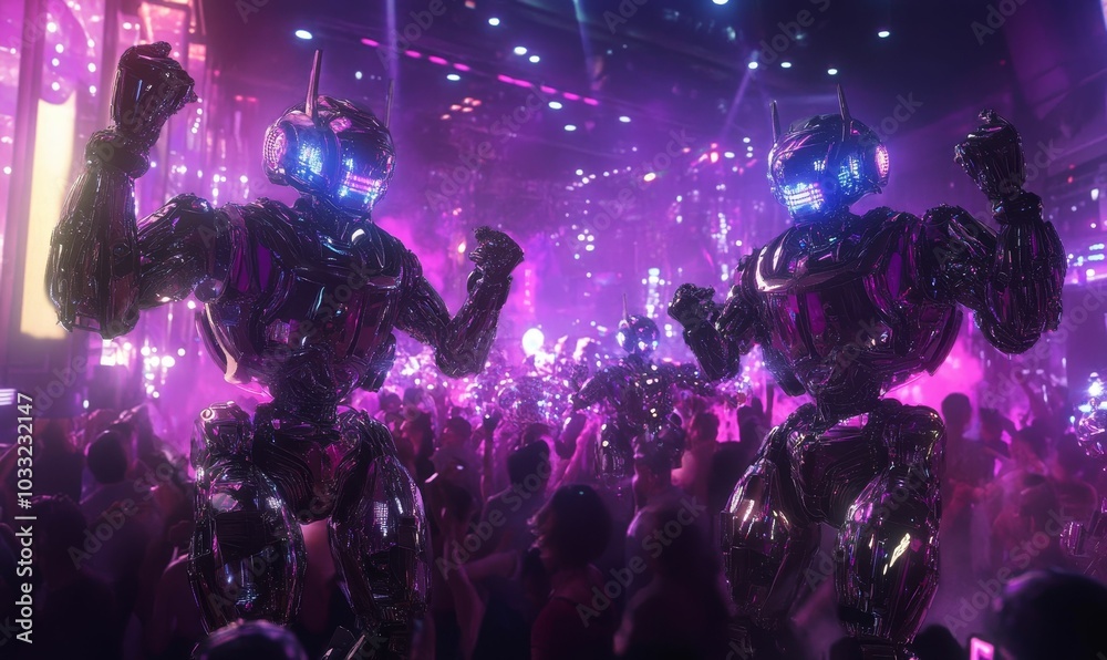 Two robots dancing in a nightclub. Two robots dancing in a nightclub.