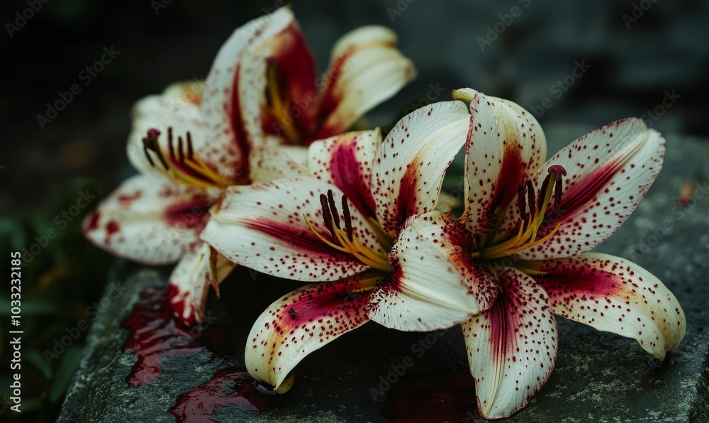 Bloodied white lilies with red spots. Bloodied white lilies with red spots.