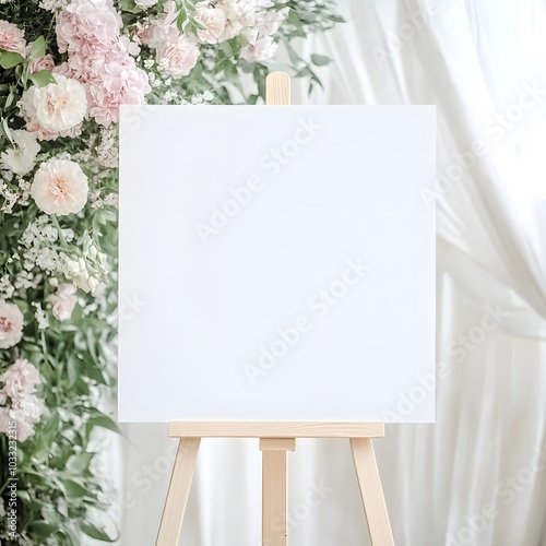 Blank Wedding Sign on Easel with Floral Decor: Elegant floral backdrop, a blank canvas for your message.  Create a beautiful and personal touch for your wedding ceremony or reception with this versati photo