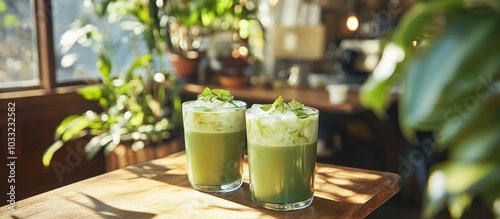 Two glasses of green tea with froth and mint leaves on a wooden table, surrounded by plants, in a cafe.