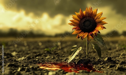 A bloody sunflower in a barren field.