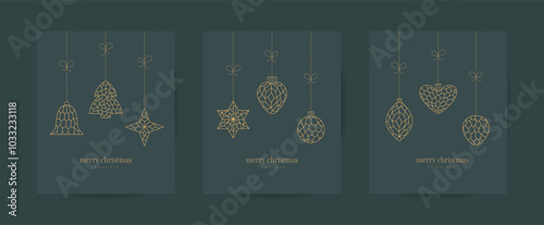 Luxury Christmas invitation, greeting card, banner, art, design templates. Golden line Merry Christmas, Happy New Year tree bauble, ball, bell