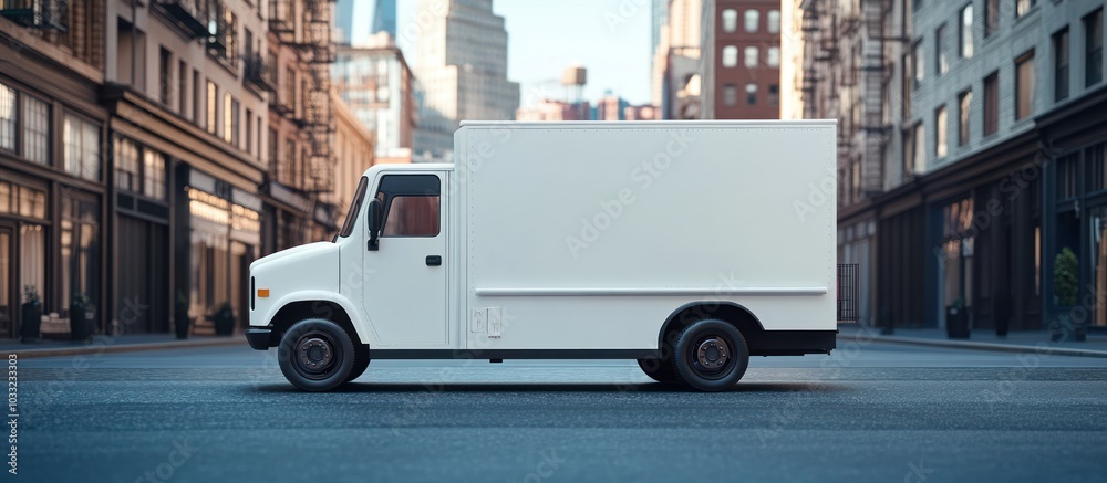 Fototapeta premium White delivery truck on city street.