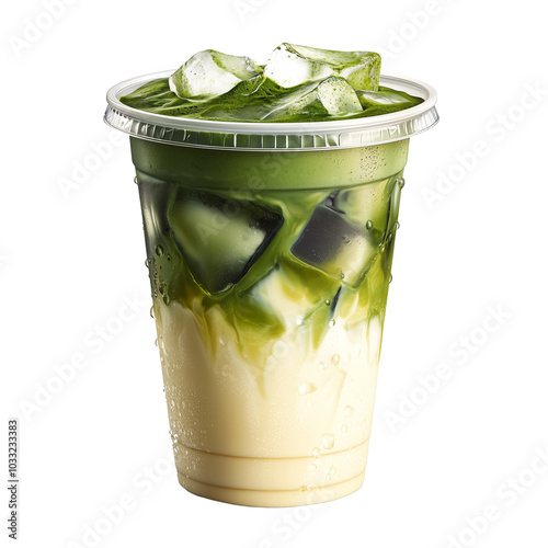 A tall plastic to go or takeaway cup mock up filled with a creamy iced matcha latte and ice cubes, set against transparent background. Perfect for illustrating refreshing beverages and tea concepts.