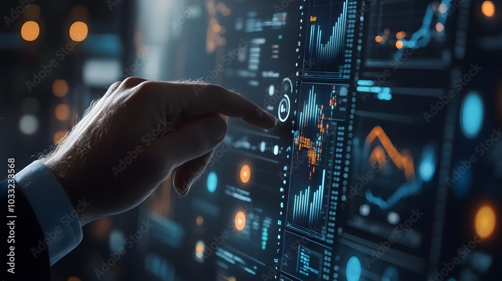 Hand Interacting with Digital Interface Displaying Data and Charts Hand Interacting with Digital Interface Displaying Data and Charts