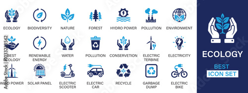 Ecology best solid icon set collection. Biodiversity, nature, poorest, hydro power, pollution, environment, best ecology, energy and vector illustration. photo