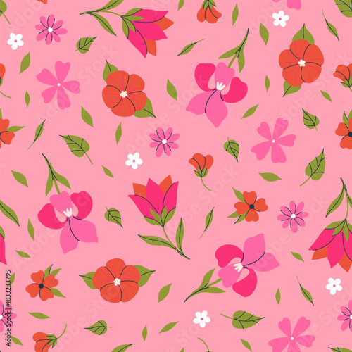 Wallpaper Mural Seamless pattern with red and pink flowers. Vector graphics. Torontodigital.ca