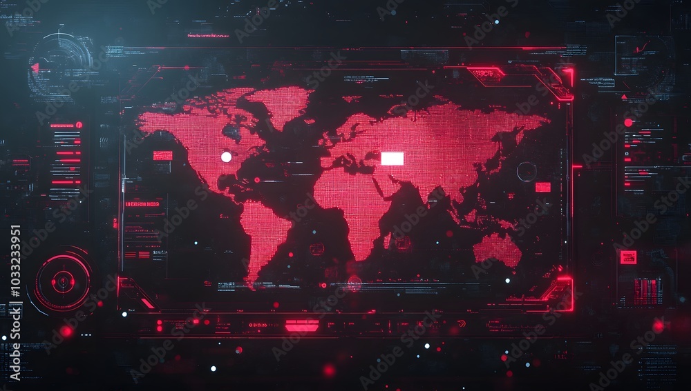 Obraz premium Cinematic shot of a futuristic screen with a digital world map, a hologram interface in the center, in red and black colors,