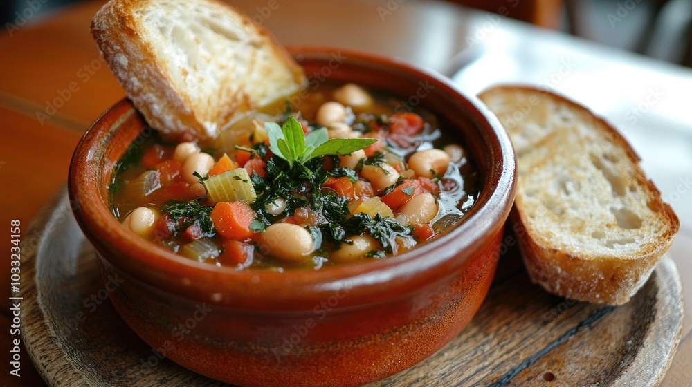 Hearty Rustic Minestrone Soup in Bowl with Bread Hearty Rustic Minestrone Soup in Bowl with Bread