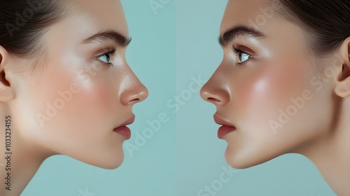 Split-screen profile comparison, documenting the refined nose bridge and elevated tip after rhinoplasty, clean background, Realistic Style, High Definition