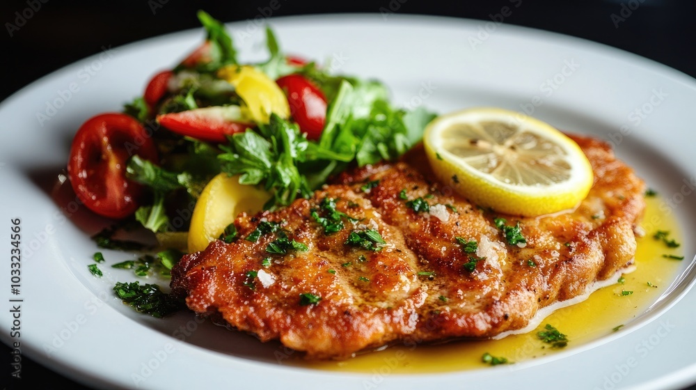Veal Dish on Plate with Fresh Salad and Lemon