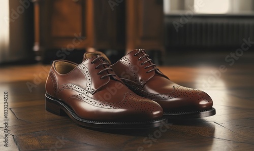 Brown leather shoes on wooden floor.