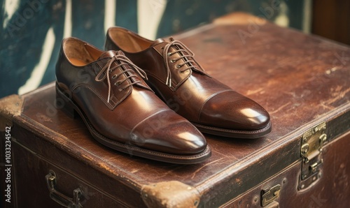 Brown leather shoes on a vintage suitcase. photo