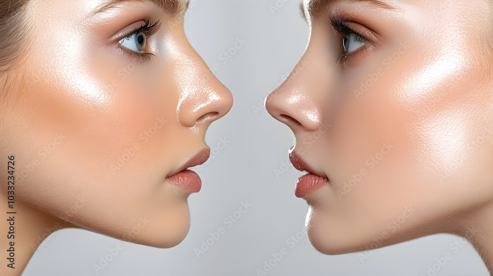 Visual comparison of non-invasive nose correction versus rhinoplasty surgery, highlighting variations in results with side-by-side before-and-after shots, Realistic, Soft Lighting Visual comparison of non-invasive nose correction versus rhinoplasty surgery, highlighting variations in results with side-by-side before-and-after shots, Realistic, Soft Lighting