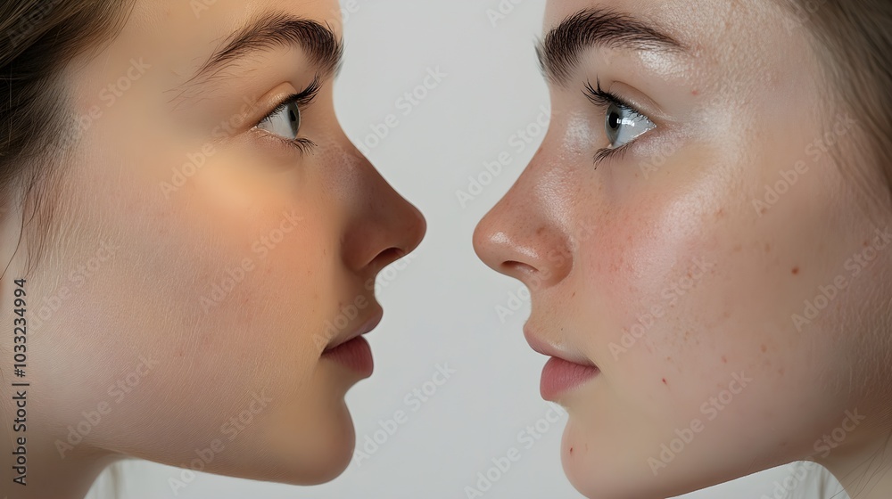 Obraz premium Before-and-after rhinoplasty profile shots, focusing on the nose's raised bridge and wider tip before surgery, and the straightened, refined result afterward