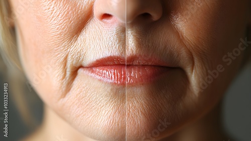 Detailed before-and-after shots of a woman's mouth area, focusing on wrinkle reduction and smoother skin with anti-aging treatment, High-Resolution, Clean Lighting photo