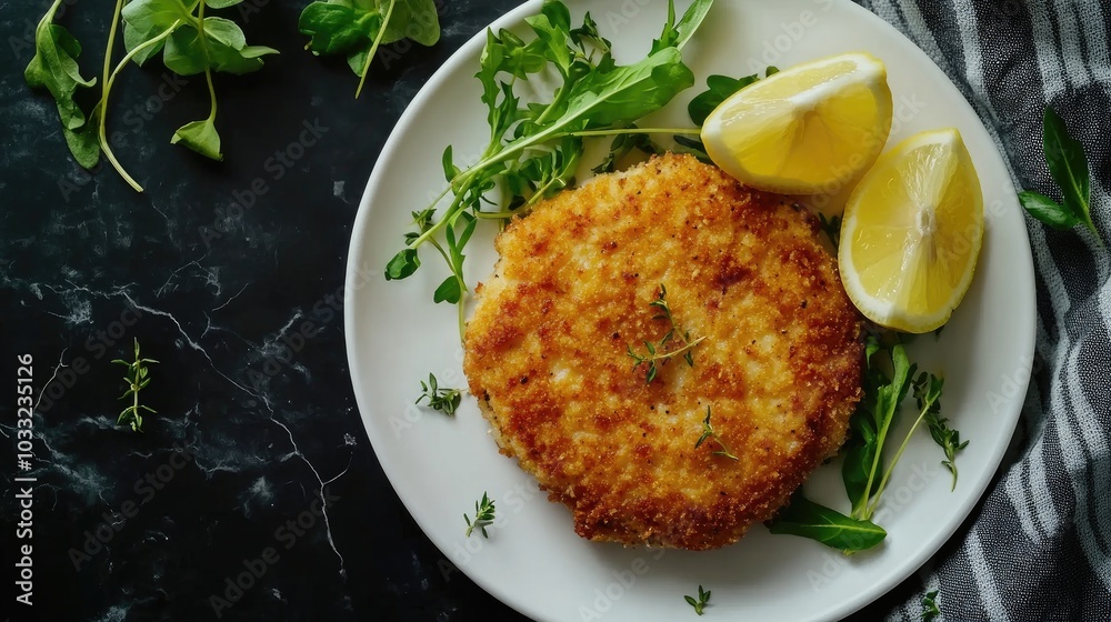 Minimalist Top View of Cotoletta alla Milanese Dish Minimalist Top View of Cotoletta alla Milanese Dish