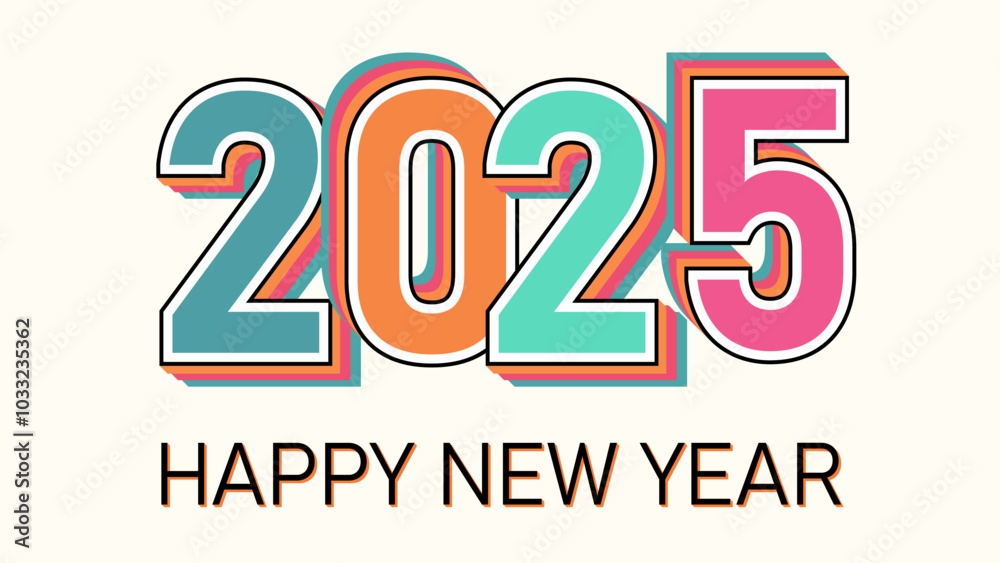 Happy New Year 2025 greeting banner. Trendy modern Xmas design with 2025 overlay elements, and typography. Greeting card, Horizontal poster,  header for website