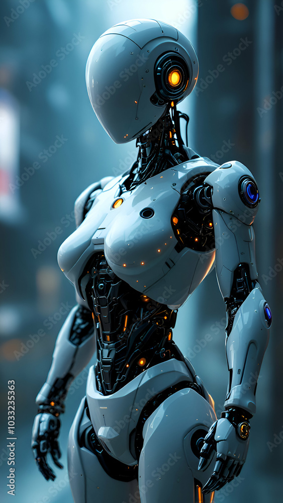 A closeup of a futuristic female robot with a white and chrome exterior. The robot has a sleek, modern design and features glowing orange lights. A closeup of a futuristic female robot with a white and chrome exterior. The robot has a sleek, modern design and features glowing orange lights.
