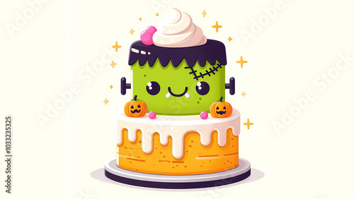 Kawaii Frankenstein Cake with Pumpkins and Icing, halloween cake vector graphics illustration
