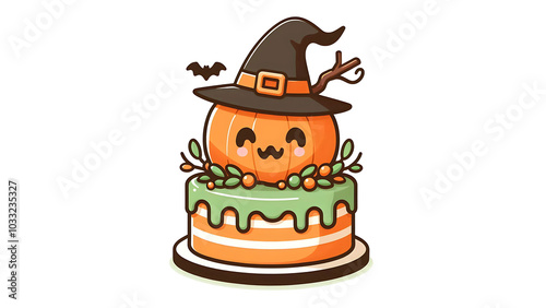 Kawaii Pumpkin Witch Cake for Halloween, halloween cake vector graphics illustration